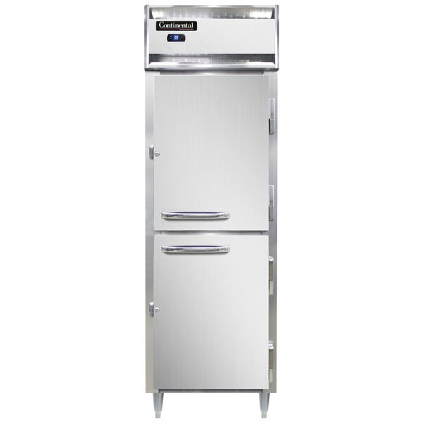 A white refrigerator with a solid half door and a silver handle.