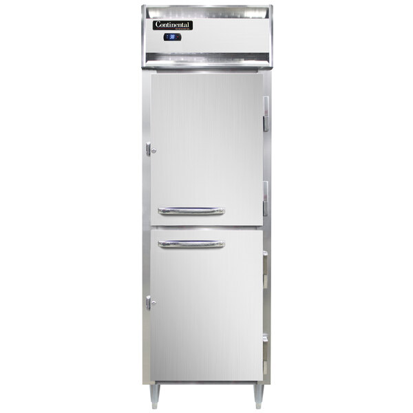 A white Continental reach-in refrigerator with two solid half doors.