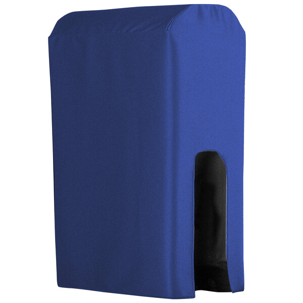 A black and blue rectangular Snap Drape Wyndham Royal Blue polyester cover for a beverage dispenser.