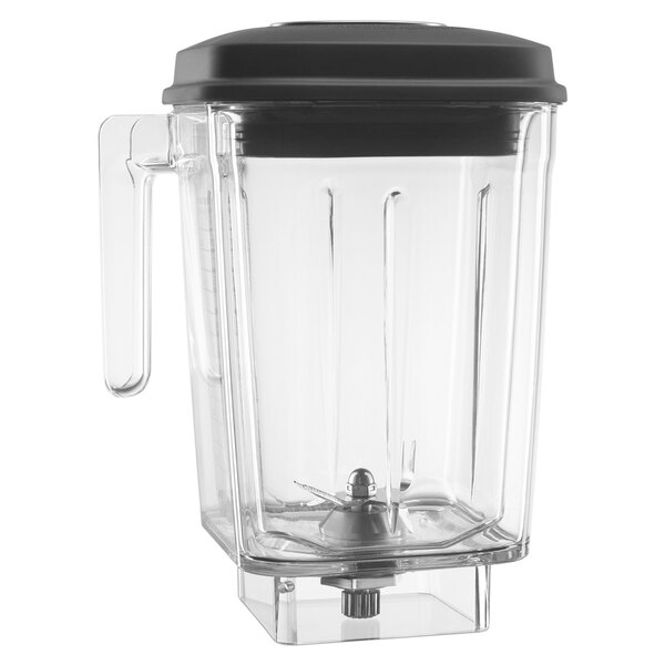 A clear KitchenAid blender jar with a black lid.