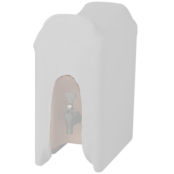 A white Snap Drape spandex cover on a white plastic beverage dispenser with a spigot.