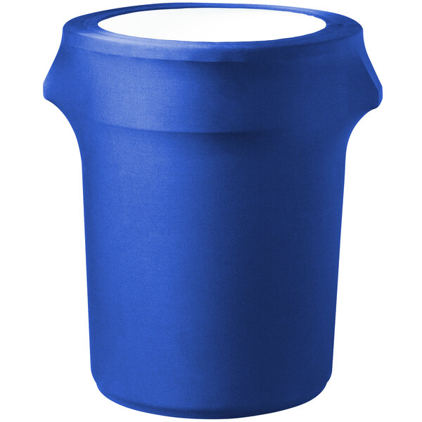 A blue spandex cover for a round trash can with a white lid.