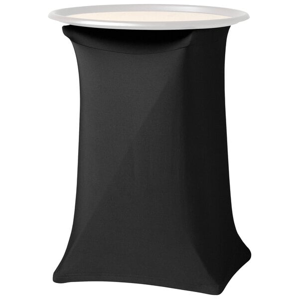 A black rectangular tray stand with a black Snap Drape spandex cover.