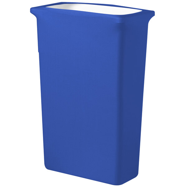 A royal blue Snap Drape rectangular trash can cover.