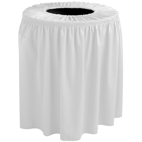 A white Snap Drape shirred pleat cover on a round trash can.