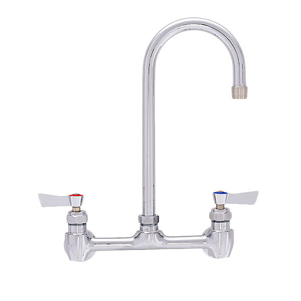 A Fisher stainless steel wall mount faucet with 8" centers, 3 1/2" swivel gooseneck nozzle, and lever handles.