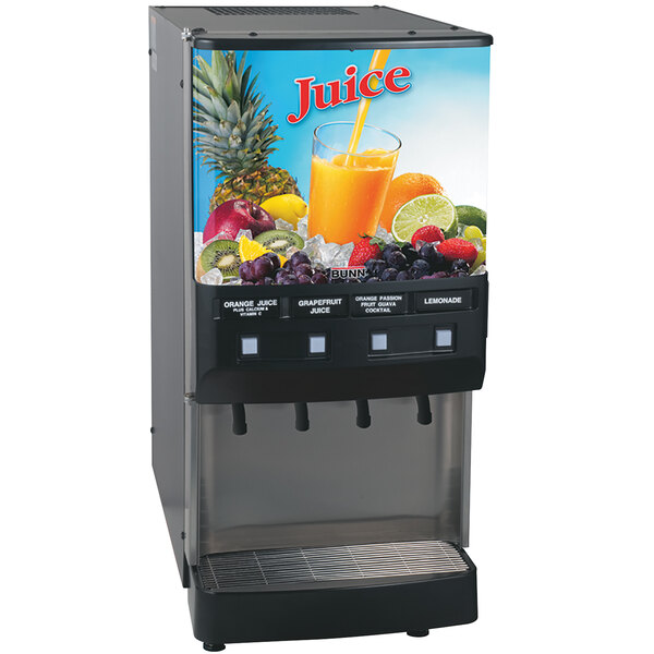 A Bunn juice dispenser with fruit on it.