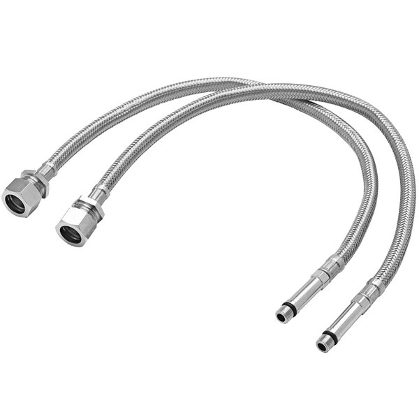 Two T&S stainless steel braided flexible supply hoses with connectors.