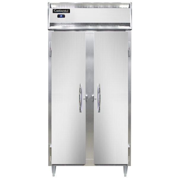 A Continental stainless steel reach-in refrigerator with two narrow doors.