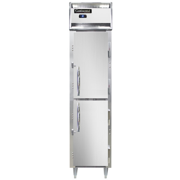 A Continental narrow reach-in refrigerator with white solid half doors and silver handles.