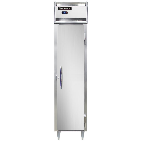 A stainless steel Continental reach-in refrigerator with a white door and a handle.