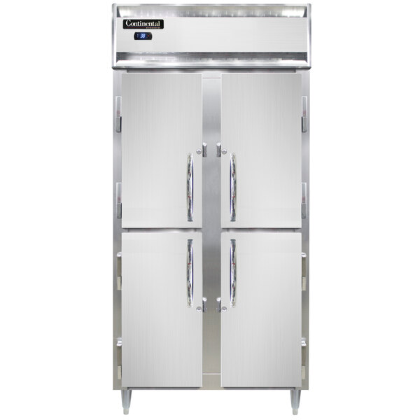 A white rectangular Continental reach-in refrigerator with two narrow solid half doors.