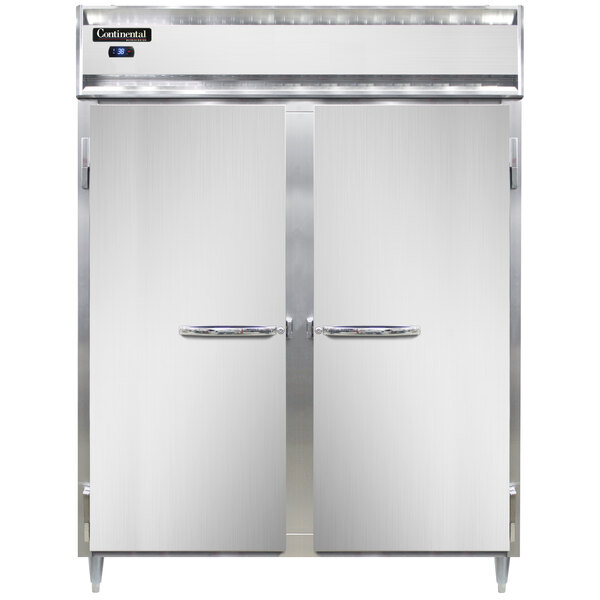 A large white Continental reach-in refrigerator with two doors open.