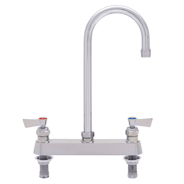 A silver Fisher deck-mounted faucet with lever handles and a swivel gooseneck nozzle.