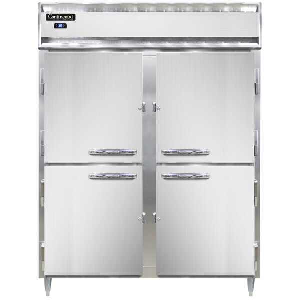 A large stainless steel Continental reach-in refrigerator with two half doors.