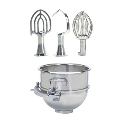 A Globe mixer adapter kit with a bowl and three metal attachments.