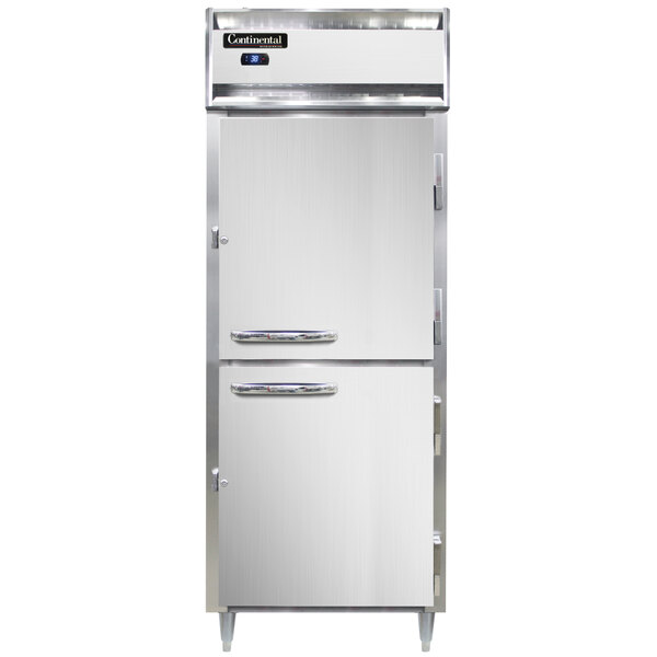A white Continental reach-in refrigerator half door with a silver handle.
