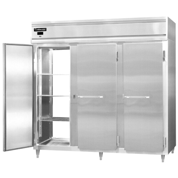 A stainless steel Continental reach-in refrigerator with two solid doors.