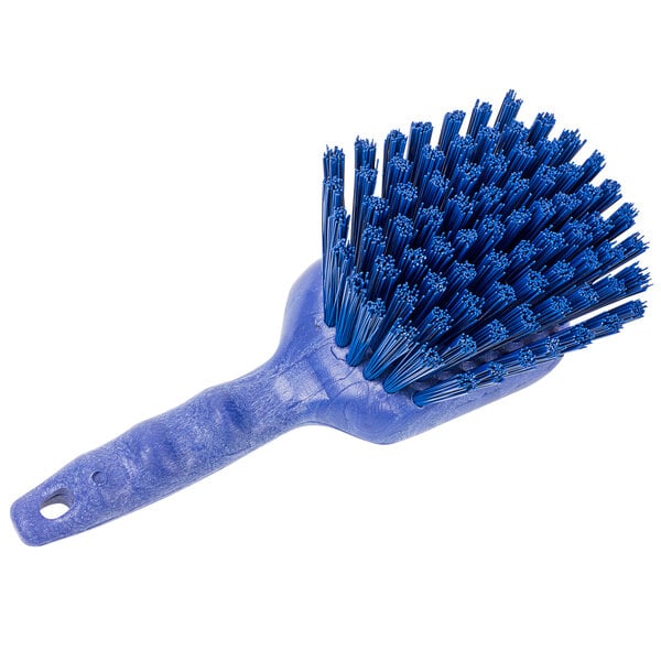 A close-up of the Carlisle blue pot scrub brush with long blue bristles.