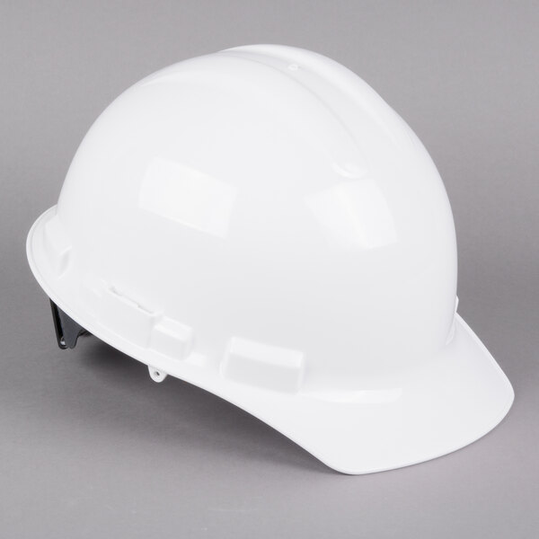 A Cordova white hard hat with ratchet suspension.