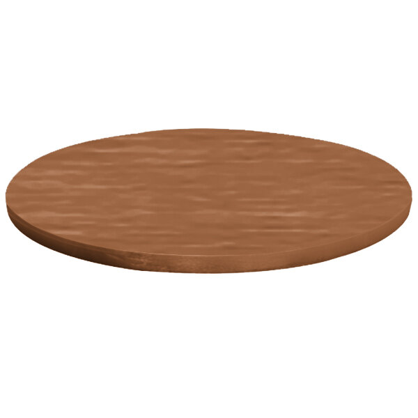 A brown circular Tablecraft aluminum table cover on a white background.