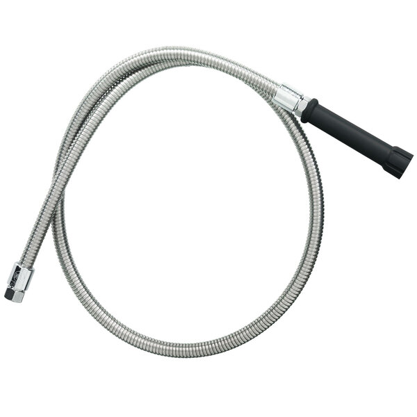 An Equip by T&S flexible stainless steel hose with a black handle.