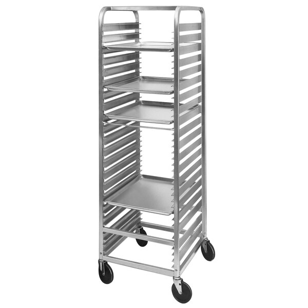 A Channel metal sheet pan rack with wheels.