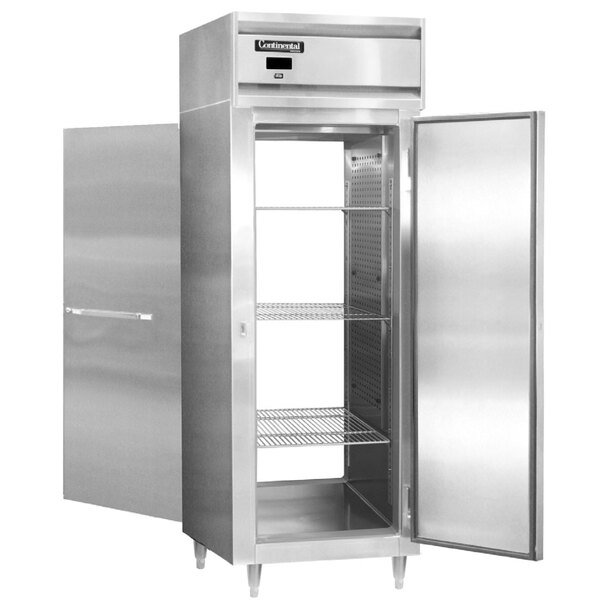 A stainless steel Continental pass-through refrigerator with open doors.