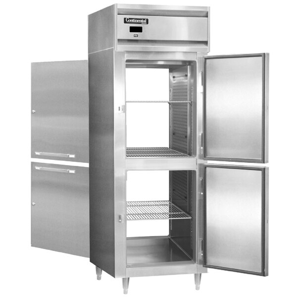 A stainless steel Continental pass-through refrigerator with two half doors open.