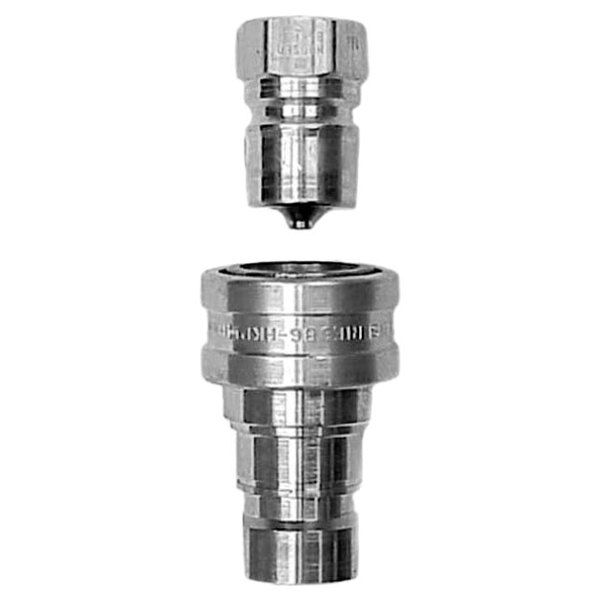A stainless steel Dormont 2-way quick disconnect coupling with male and female connectors.