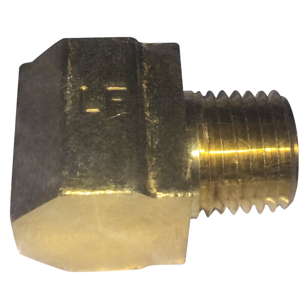 A gold metal Dormont male to female elbow with a threaded screw.