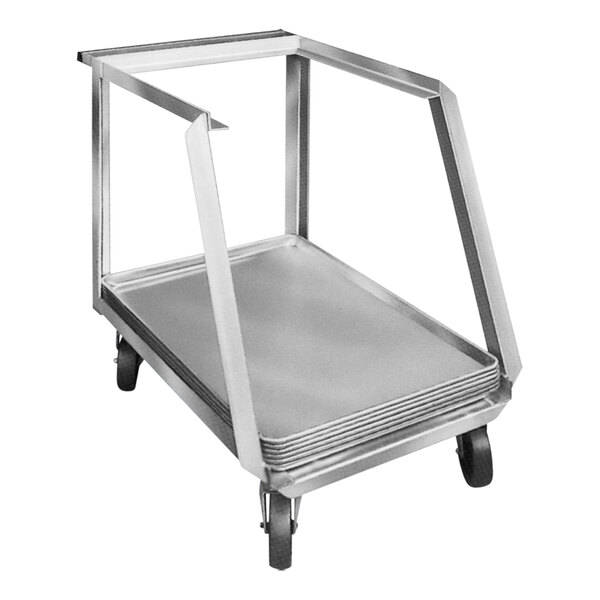 A Winholt galvanized aluminum sheet pan truck with a metal frame and wheels with a tray on it.