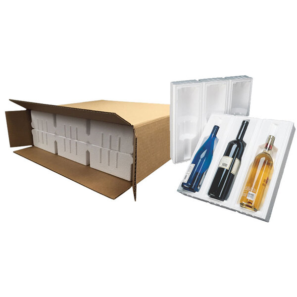 A Polar Tech insulated cardboard box with three bottles of wine inside.