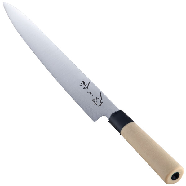 A Mercer Culinary sashimi knife with a white handle and white blade on a counter.