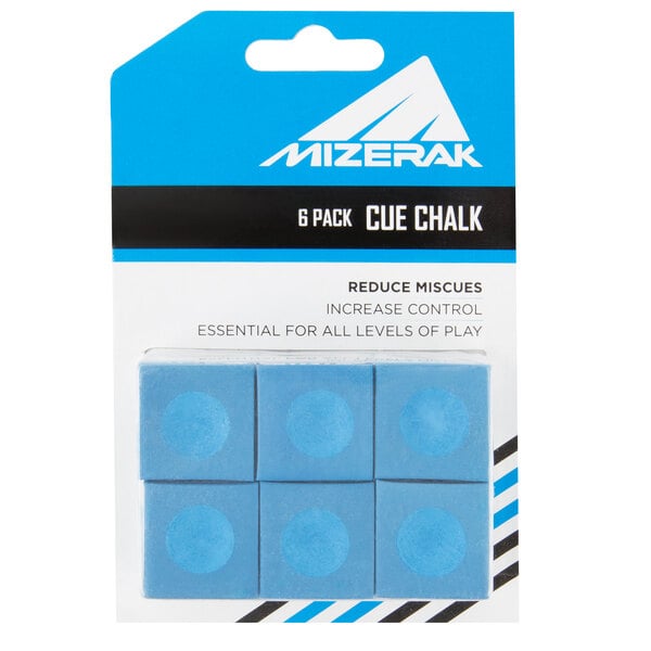 A pack of 6 blue Mizerak pool cue chalks.
