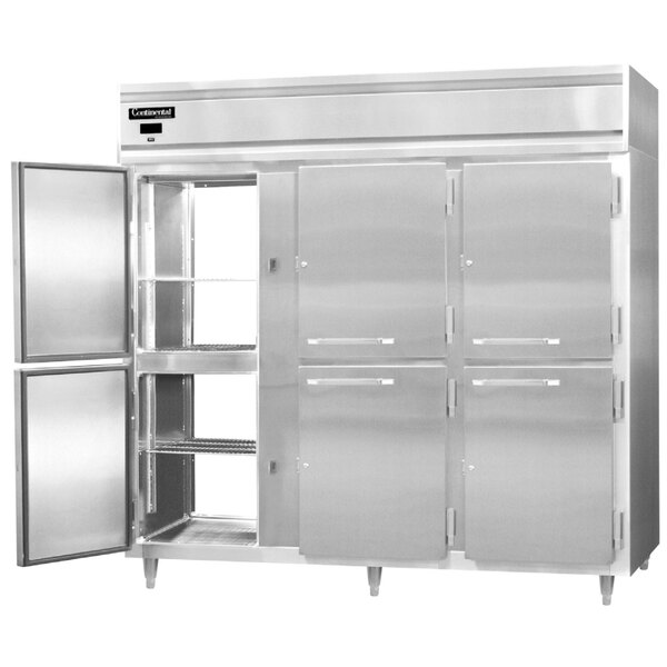 A Continental stainless steel reach-in refrigerator with half doors open.