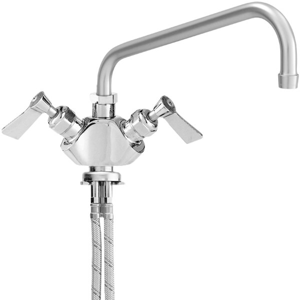 A Fisher stainless steel deck-mounted faucet with a long swing nozzle and lever handles.