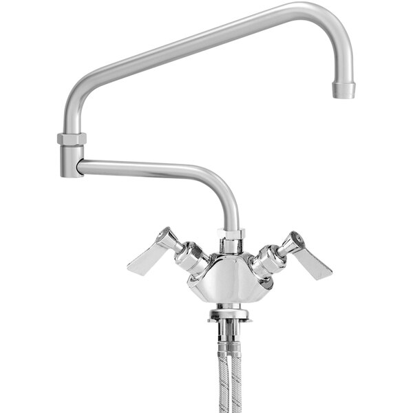 A silver Fisher deck-mounted faucet with double-jointed swing nozzle and lever handles.