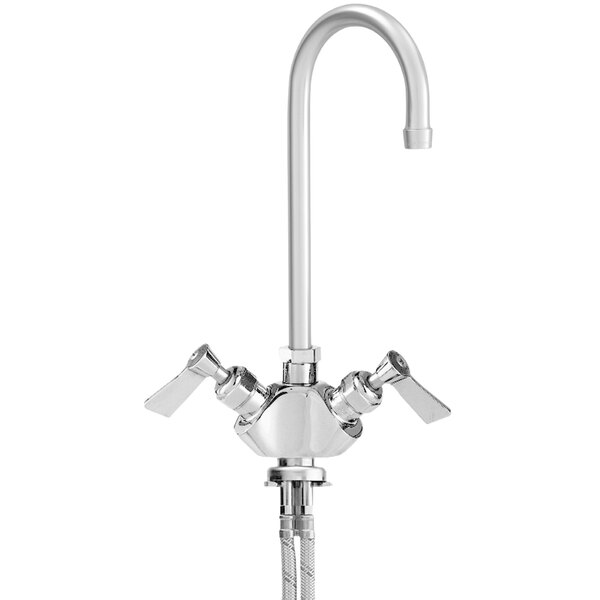 A Fisher stainless steel deck-mounted faucet with lever handles and a swivel gooseneck nozzle.