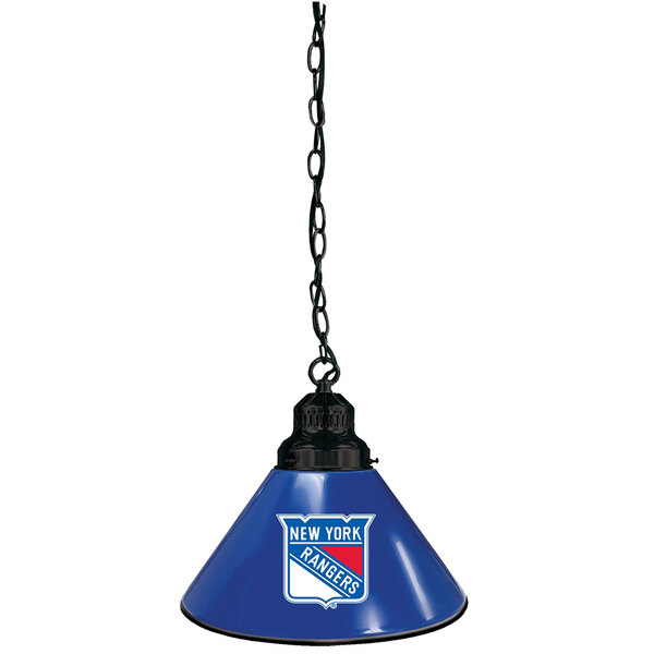 A black pendant light with the New York Rangers logo on it.