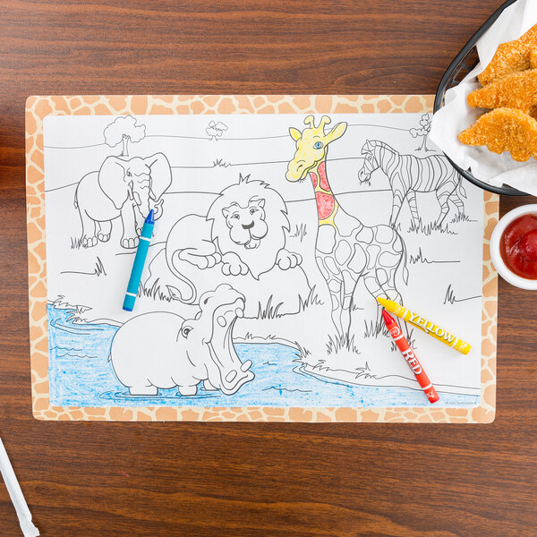 A coloring page with a jungle animal design and chicken nuggets on a plate with crayons.