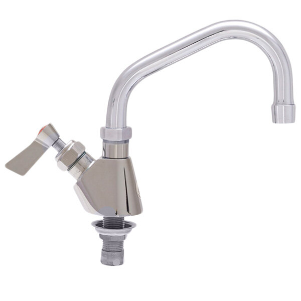 A Fisher stainless steel deck-mounted faucet with a swing nozzle and lever handle.