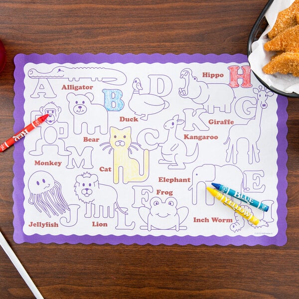A Hoffmaster kids placemat with a design of alphabet letters and crayons on a table.
