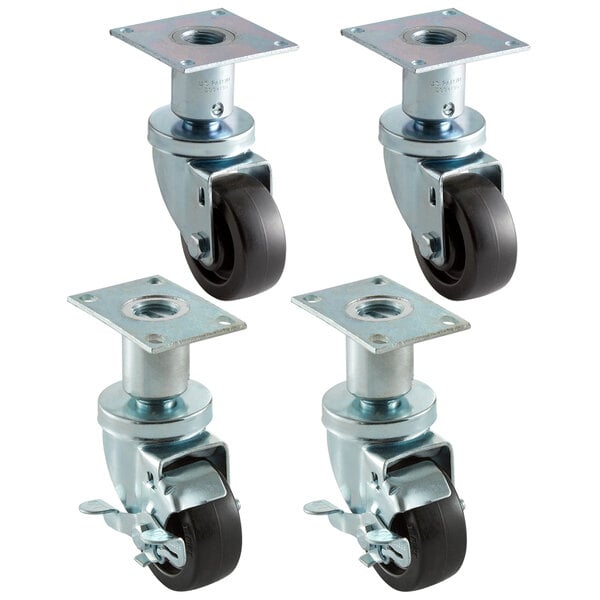 A set of 4 swivel plate casters with black wheels.