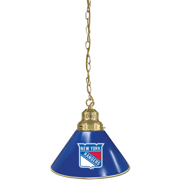 A brass pendant light with a blue and red New York Rangers logo.