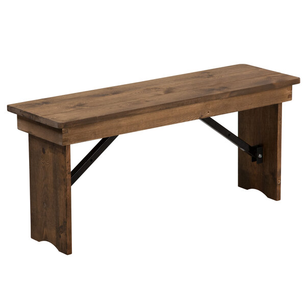 A Flash Furniture Hercules antique rustic wooden bench with metal legs.