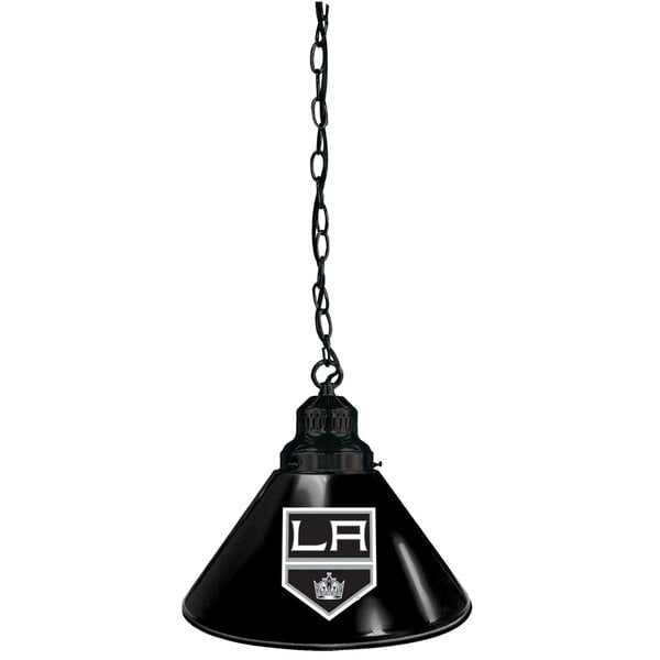 A black Holland Bar Stool pendant light with Los Angeles Kings logo.