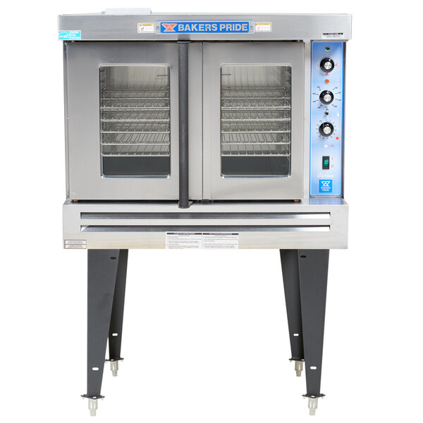 A Bakers Pride Cyclone Series natural gas single deck convection oven with a door open.