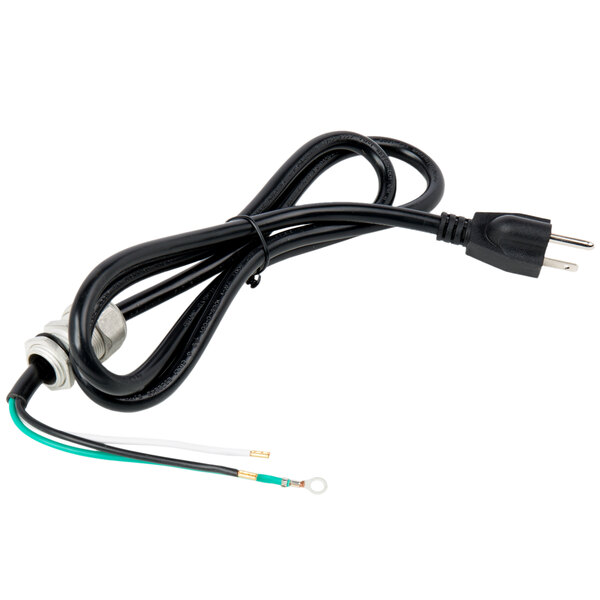 A black electrical cord with a plug.