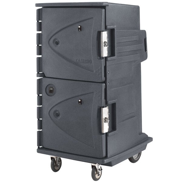A black plastic container with wheels and metal hinges.